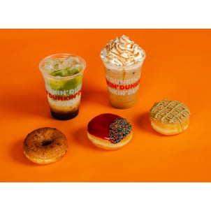 A picture of two delicious looking Fall Beverages and three incredible fall donuts.