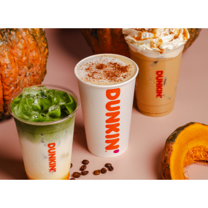 Image of DUNKIN' Fall Beverages. Fearuring Pumpkin Spice Iced Matcha, Pumpkin Spice Latte (Hot and Iced)