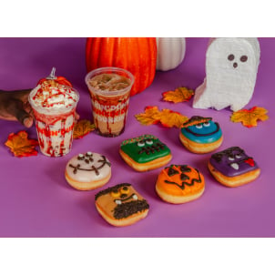 The Spooky Six Donuts and two Cursed Candy Apple Beverages