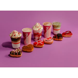 Love Language: DUNKIN', a range of six love-struck donuts, and Strawberry and White Chocolate beverages. 