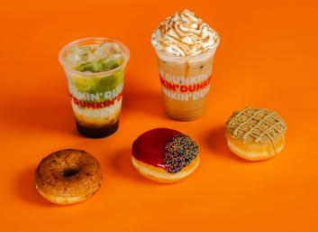 A picture of two delicious looking Fall Beverages and three incredible fall donuts.