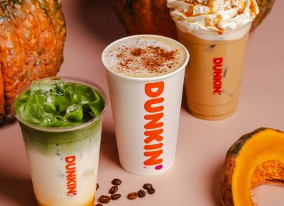 Image of DUNKIN' Fall Beverages. Fearuring Pumpkin Spice Iced Matcha, Pumpkin Spice Latte (Hot and Iced)