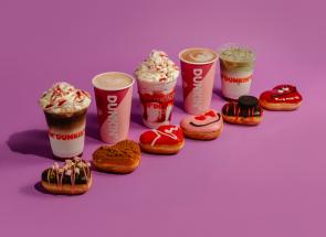 Love Language: DUNKIN', a range of six love-struck donuts, and Strawberry and White Chocolate beverages. 